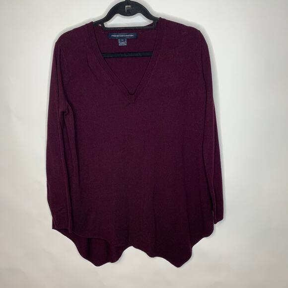 French Connection Burgundy V Neck Sweater Asymmetric Hem Sz Small - Picture 1 of 6